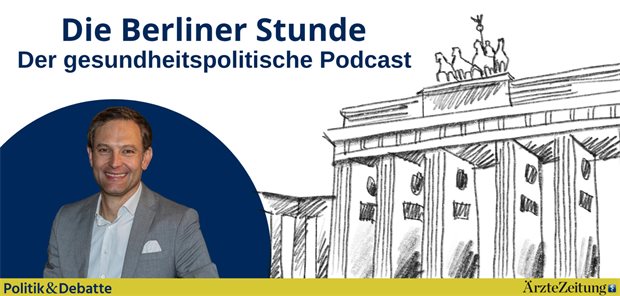 Nach dem GKV-Spargesetz ist vor den Strukturreformen – welche ist besonders dringlich, Herr Prof. Be Titelbild zum Podcast: Die Berliner Stunde. Links im Bild ist Prof. Andreas Beivers auf einem blauen, runden Hintergrund zu sehen. Rechts im Bild befindet sich eine skizzenartige Darstellung des Brandenburger Tors.