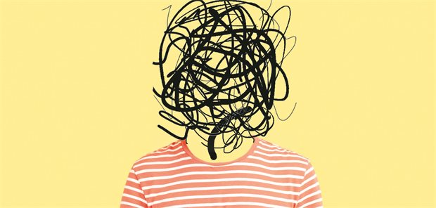 ADHS in der Hausarztpraxis: Hinweise für die Diagnostik Illustration von einer Person mit einem schwarzen Knäuel statt eines Kopfes.