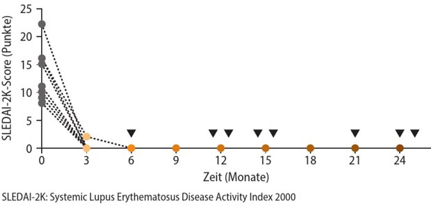 Abb. 1: Remission bei 8 SLE-Erkrankten nach CAR-T-Zellen-Behandlung