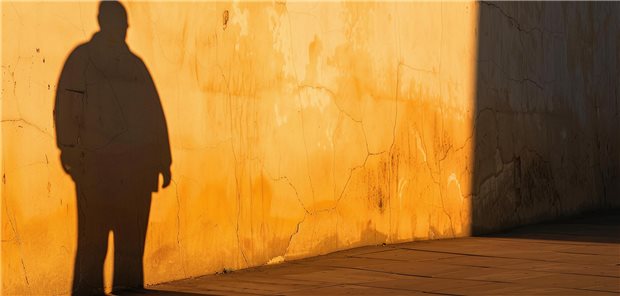 Adipositas: Wechselspiel zwischen Genetik, Hirn und Mikrobiom Schatten eines übergewichtigen Menschen an einer Wand.