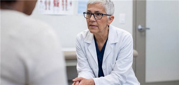 Praxisabgabe – und dann? Eine ältere Ärztin sitzt einem Patienten gegenüber.