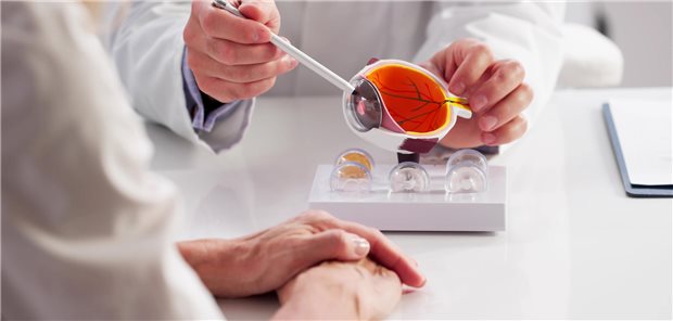 Typ-2-Diabetes: Wohl geringeres Glaukomrisiko unter Tirzepatid Ein Augenarzt klärt einen Patienten anhand eines dreidimensionalen Modells des menschlichen Auges über Offenwinkelglaukome (POAG) und okuläre Hypertonien (OHTN) auf.