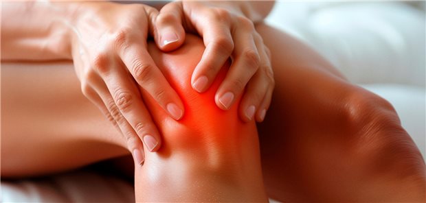 Infektiologe: Bei Knochen- oder Gelenkinfektion frühzeitig auf orales Antibiotikum wechseln Das Knie einer einer Person mit roten Markierungen zur Indikation des Infektionsortes.