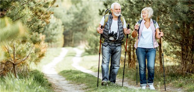 Zwei Rentner wandern in der Natur.