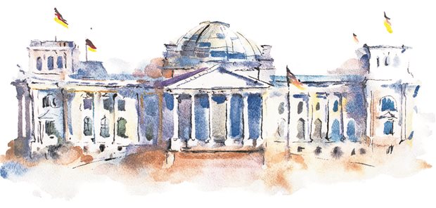 Die Glaskuppel zum GKV-Spargesetz: Spiegel der aktuellen Arbeits- und Denkblockaden der Koalition Ein Aquarell des Reichtagsgebäudes in Berlin.