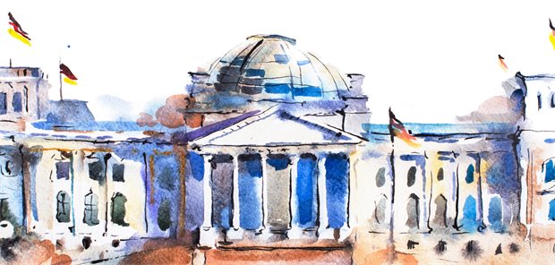 Schadet mehr Gesundheit der Wirtschaft? Eine Glaskuppel zur Verhältnisprävention Ein Aquarel des Reichstagsgebäude in Berlin.