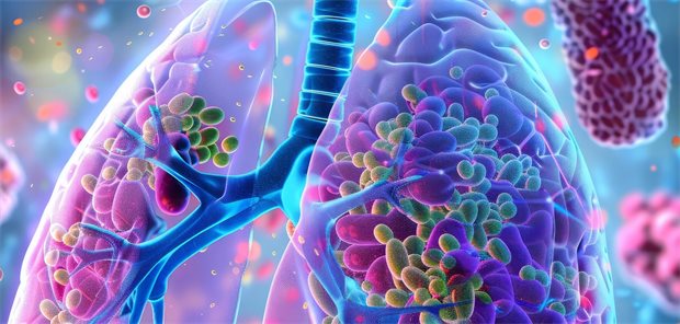 Atemwegs-Dysbiose befeuert Lungenerkrankungen Schematische Darstellung der Lunge mit Bakterienbesiedlung.