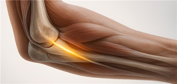 Kasuistik: Warum chronische Rückenschmerzen bei einer Frau im Kubitaltunnelsyndrom endeten Dreidimensionale anatomische Darstellung des Ellenbogens mit Kompression des Kubitaltunnels und des Nervus ulnaris.