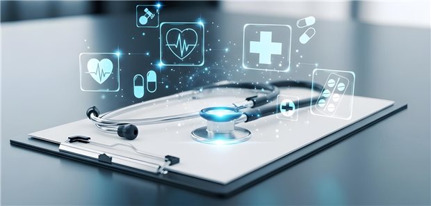 Medizinregister-Gesetz: Hochschulen warnen vor Flopp, wenn Finanzierung fehlt Das Foto zeigt ein Stethoskop, das auf einem Schreiblock liegt. Darüber sind mehrere digitale Icons zu sehen, die medizinische Behandlungsformen darstellen.