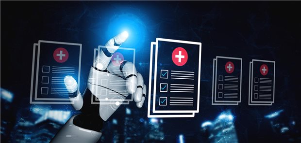 Diagnose- und Therapieentscheidung: Ein Autopilot für Praxis und Klinik? Ein Roboter tippt auf eine virtuelle Fläche.