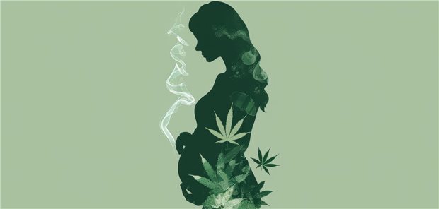 Zeichnung einer schwangeren Frau und Cannabis-Blätterm