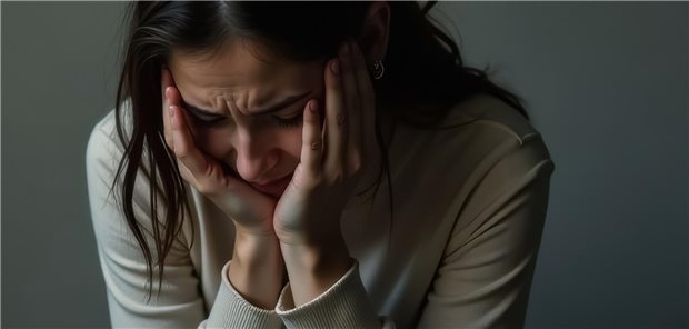 Der Krebs ist weg, doch oftmals bleibt die Angst Eine Frau hält ihren gesenkten Kopf in beiden Händen.
