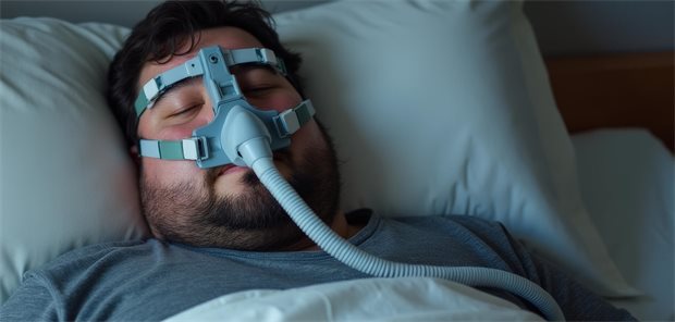 Bei obstruktiver Schlafapnoe: Wem GLP-1-Rezeptoragonisten helfen könnten Übergewichtiger Mann mit CPAP-Maske.