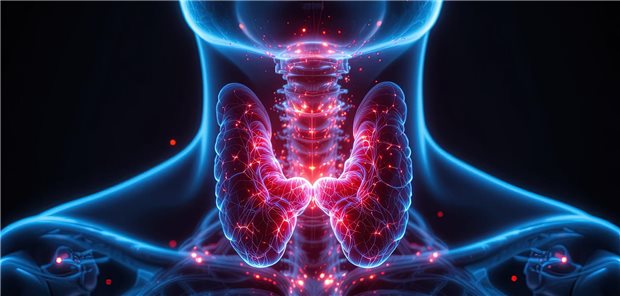 Schilddrüsenunterfunktion: Lässt sich L-Thyroxin auch zum Frühstück einnehmen? Darstellung einer Schilddrüse im Hals eines Menschen.