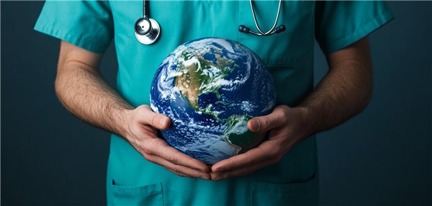 Eine Klima-Toolbox für Arztpraxen Arzt hält Weltkugel in dre Hand.