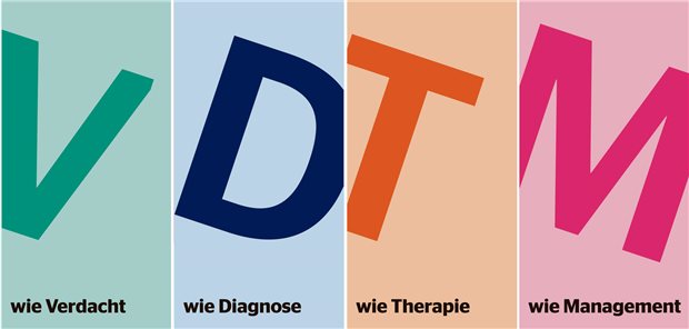 Die vier Buchstaben V, D, T und M für die Wörter Verdacht, Diagnose, Therapie und Management