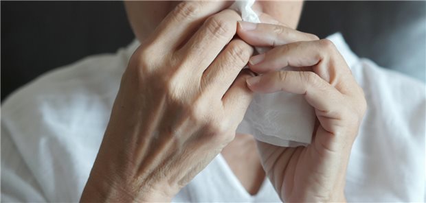 Rhinitis ist signifikant mit Migräne verbunden Eine Frau mit Rhinitis putzt sich ihre laufende Nase.