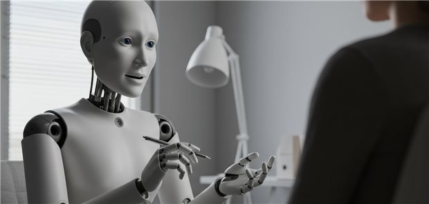 Patienten mit Depression schätzen wohl Gespräche mit KI mehr als mit Psychotherapeuten Roboter spricht mit Patient während Psychotherapiestunde