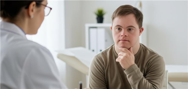 Intelligenzminderung und Krebs: „Fortschritte kommen nicht bei den Betroffenen an“ Ein Mann mit Down-Syndrom sitzt im Arztzimmer, vor ihm sitzt eine Ärztin.