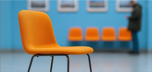vzbv contra Doctolib: Verbraucherzentrale dokumentiert Verwerfungen digitaler Terminvergabe freier, orangefarbener Stuhl in einem Wartezimmer