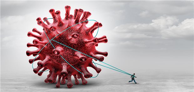 Long-COVID-Therapie: So schätzt Hausarzt Maibaum den G-BA-Beschluss ein Ein Mann zieht an einem riesigen Virus.
