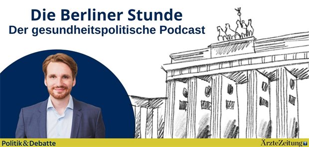GeDIG im Check: Bringt das neue Gesetz den Digitalisierungsturbo, Herr Raddatz? Titelbild zum Podcast: Die Berliner Stunde. Links im Bild ist Sascha Raddatz auf einem blauen, runden Hintergrund zu sehen. Rechts im Bild befindet sich eine skizzenartige Darstellung des Brandenburger Tors.
