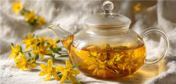 Phytotherapie bei Krebs: Kräuter und Wurzeln mit Wechselwirkungspotenzial! Glass teapot filled with golden herbal tea brewed with blooming St. John’s wort flowers, placed on a soft fabric background in warm natural light
