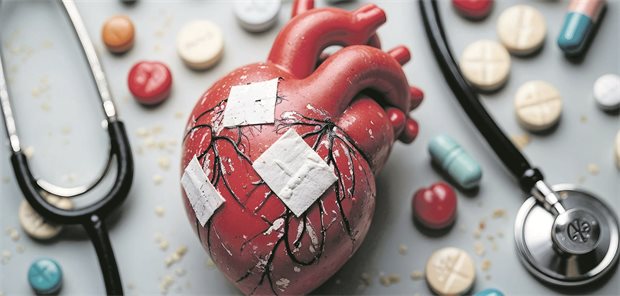 DMP Chronische Herzinsuffizienz ab Oktober in Hessen am Start Herzmodell umgeben von Stethoskop und Tabletten