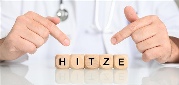 Ein Arzt zeigt auf Holzwürfel mit der Aufschrift &quot;Hitze&quot;.