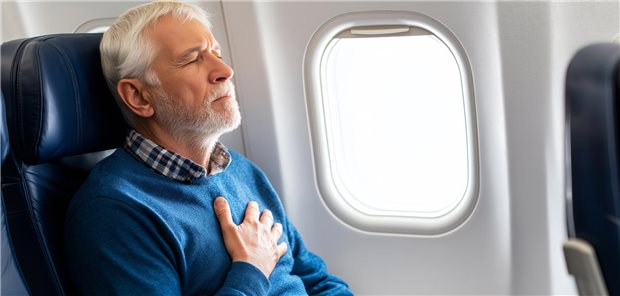 Wann ein Mensch zu krank für den Flug ist Ein älterer Flugpassagier fasst sich an die Brust. Herzprobleme?