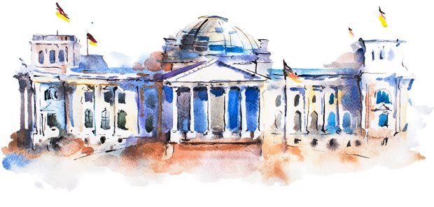 Ein Aquarell zeigt den Bundestag.