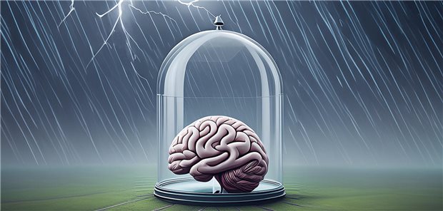 Gehirn unter einer gläsernen Schutzabdeckung, geschützt vor Regen und Blitzen