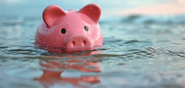 Ausgaben der Krankenkassen: GKV-Sparpaket führt 2027 zur Vollbremsung Das Foto zeigt ein Sparschwein, das im Wasser steht.