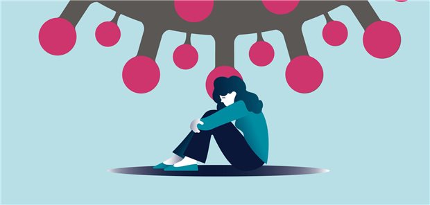 Long-COVID geht wohl meist mit unspezifischen Symptomen einher Illustration einer sitzenden Frau. Hinter ihr schwebt ein Corona-Virus.