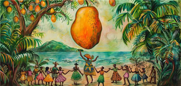 Gemälde von Menschen auf einer tropischen Insel, die um eine übergroße Mango tanzen.