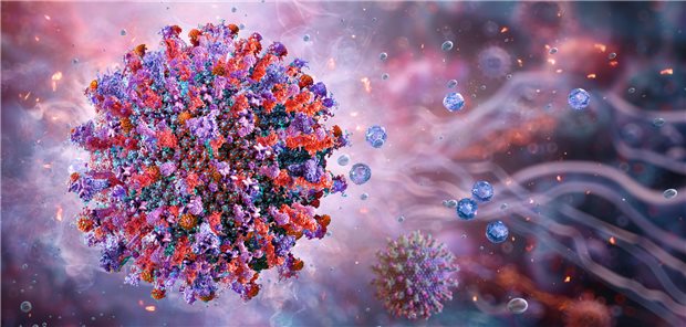 Kasuistik: Periphere Fazialisparese mit erstaunlicher Ursache Dreidimensionale medizinische Illustration des Varicella-Zoster-Virus, einem Virus das Windpocken, Hautblasen, Nesselsucht, Wunden und Gürtelrose verursacht.