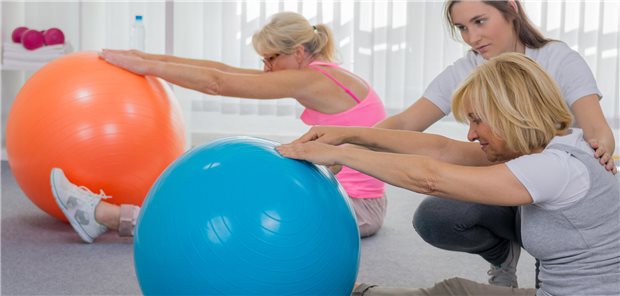 Rehasport: Neue Online-Datenbank geht an den Start Senioren machen Übungen auf dem Gymnastikball.