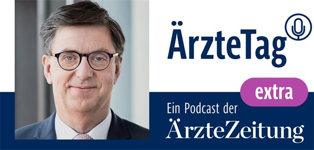 Wie können Ärztinnen und Ärzte das neue Altersvorsorgedepot für den Ruhestand nutzen, Herr Pfingsten Logo vom ÄrzteTag extra der Ärzte Zeitung mit dem Porträt des Podcast-Gesprächspartners Reinhard Pfingsten von der apoBank