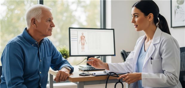 Auffällig hoher Anteil an multimorbiden Menschen in Ostdeutschland Ein alter Patient sitzt einer jüngeren Ärztin gegenüber.