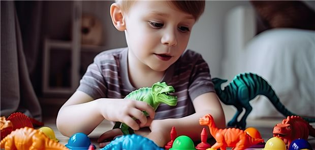 Ein kleines Kind spielt mit Spielzeug aus Plastik.