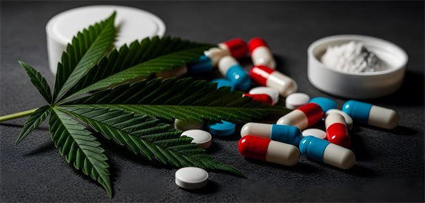 Gesetzesänderung geplant: THC-Fertigarzneimittel nur labelgerecht zu verordnen Cannabis-Blatt neben Arzneimttelkapseln