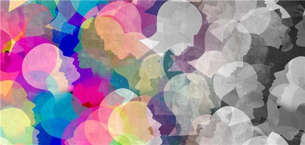 Langzeitfolgen nach Sepsis: Tipps für die Diagnose des Post-Intensive-Care-Syndroms Darstellung mehrerer Köpfe: Auf der linken Seite sind sie bunt, auf der rechten schwarz-weiß.