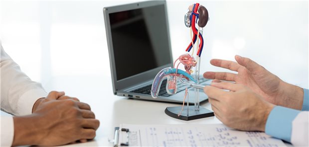 So gehen Sie bei diabetisch bedingten Funktionsstörungen des unteren Harntrakts vor Nahaufnahme des Patientengesprächs zwischen einem Urologen und seinem männlichen Patienten